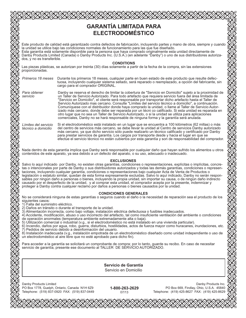 Limited in-home appliance warranty, Garantía limitada para electrodoméstico | Danby DFF123C2BSSDD User Manual | Page 33 / 34