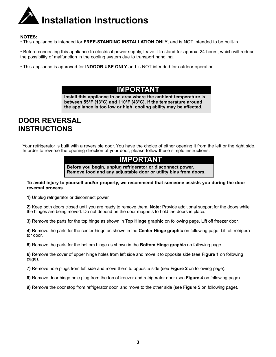 Installation instructions, Important, Door reversal instructions | Danby DFF123C2BSSDD User Manual | Page 6 / 34