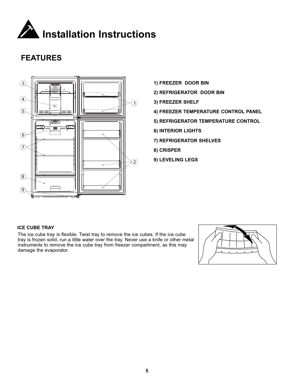 Installation instructions, Features | Danby DFF123C2BSSDD User Manual | Page 8 / 34