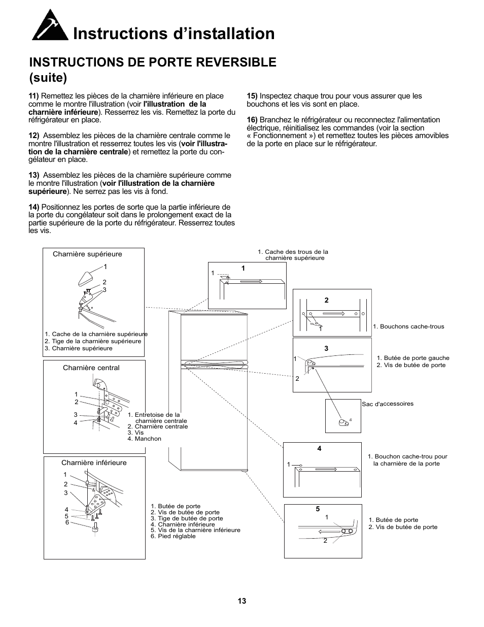 Instructions d’installation, Instructions de porte reversible (suite) | Danby DFF123C2WDD User Manual | Page 15 / 32