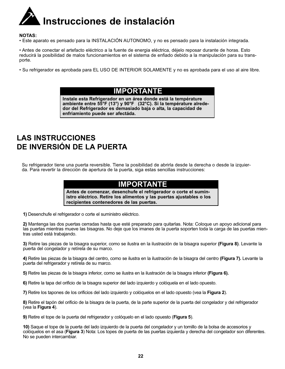 Instrucciones de instalación, Importante, Las instrucciones de inversión de la puerta | Danby DFF123C2WDD User Manual | Page 24 / 32