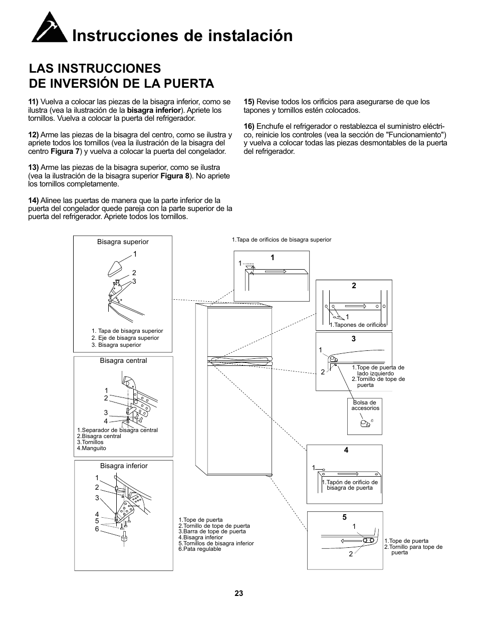 Instrucciones de instalación, Las instrucciones de inversión de la puerta | Danby DFF123C2WDD User Manual | Page 25 / 32