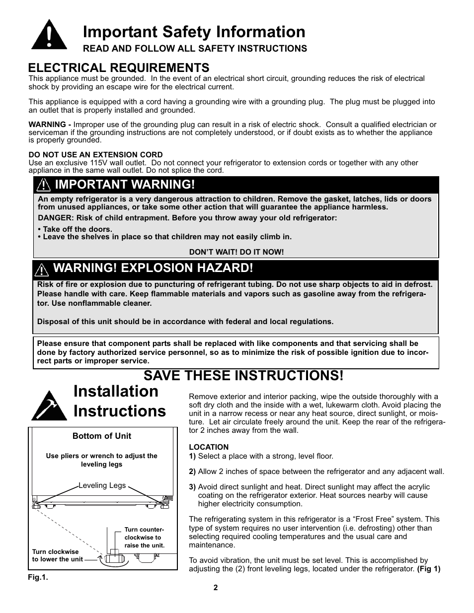 Important safety information, Installation instructions, Save these instructions | Electrical requirements, Important warning, Warning! explosion hazard | Danby DFF123C2WDD User Manual | Page 4 / 32