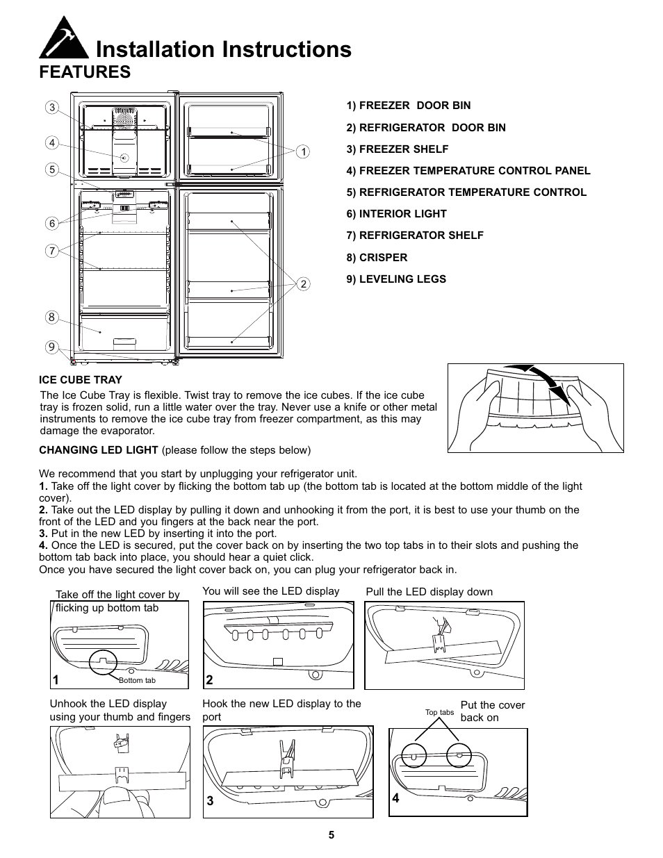 Installation instructions, Features | Danby DFF123C2WDD User Manual | Page 7 / 32