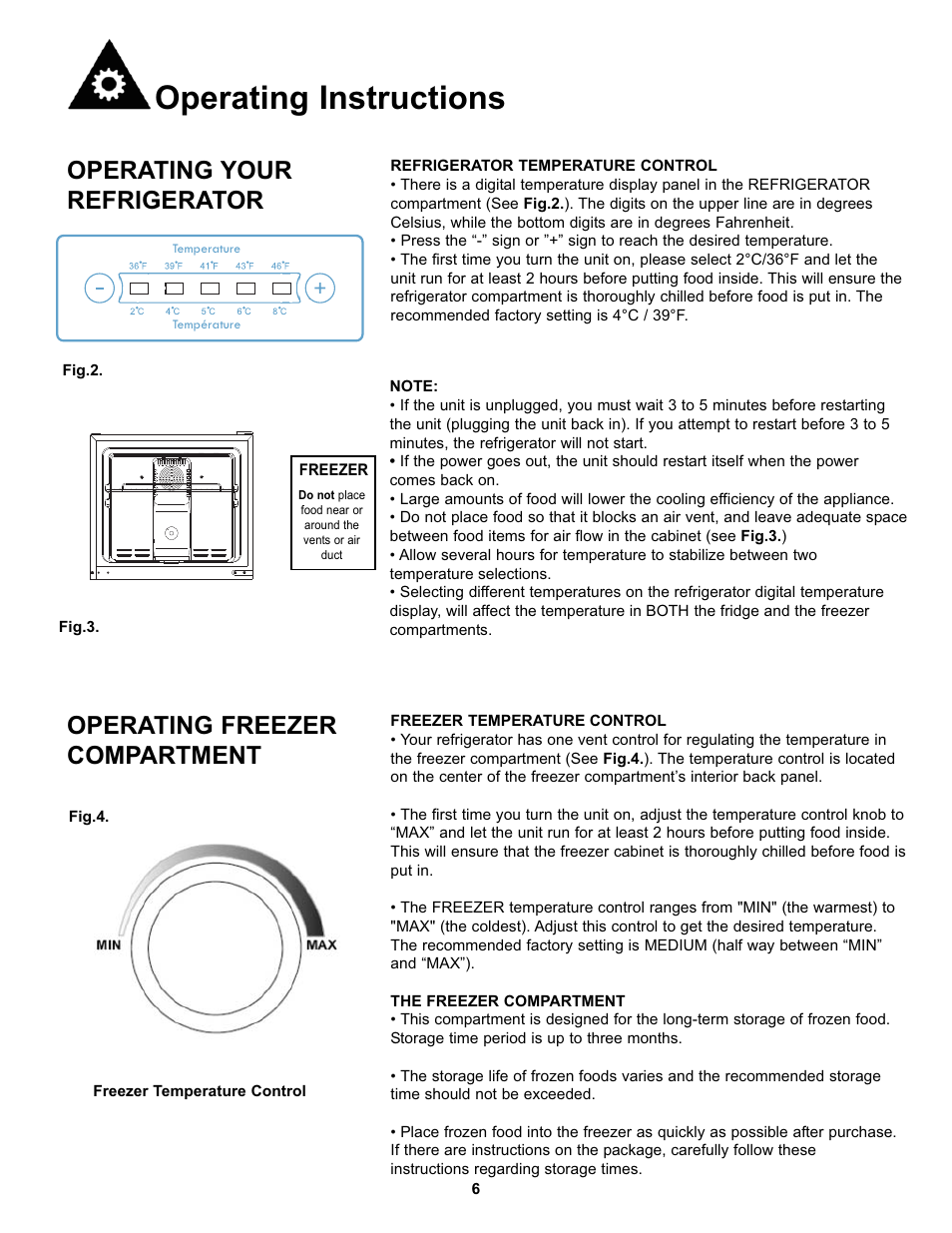 Operating instructions, Operating freezer compartment, Operating your refrigerator | Danby DFF123C2WDD User Manual | Page 8 / 32