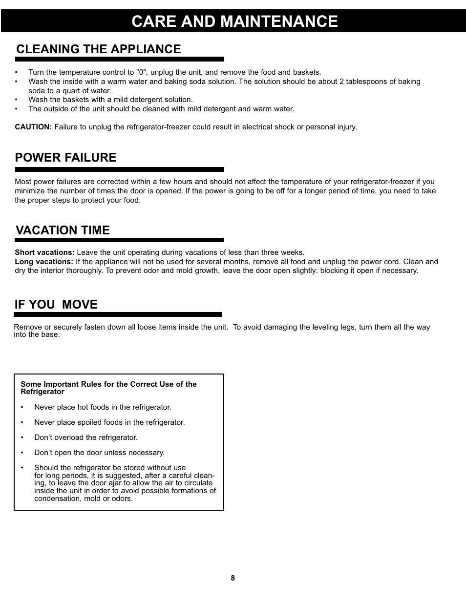 Care and maintenance, Cleaning the appliance, Power failure | Vacation time, If you move | Danby DPF074B1WDB User Manual | Page 10 / 33