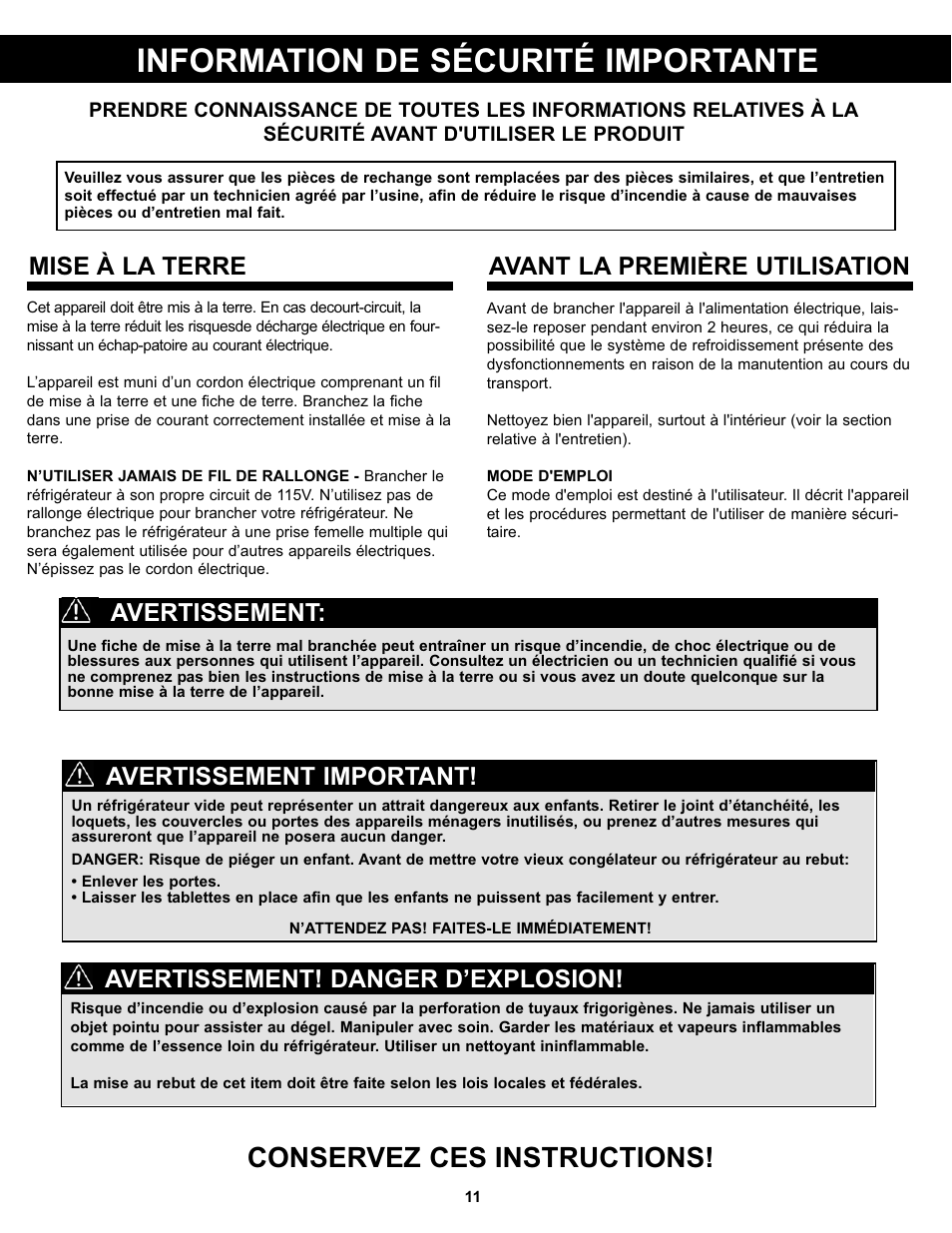Information de sécurité importante, Conservez ces instructions, Mise à la terre | Avant la première utilisation, Avertissement! danger d’explosion, Avertissement important! avertissement | Danby DPF074B1WDB User Manual | Page 13 / 33