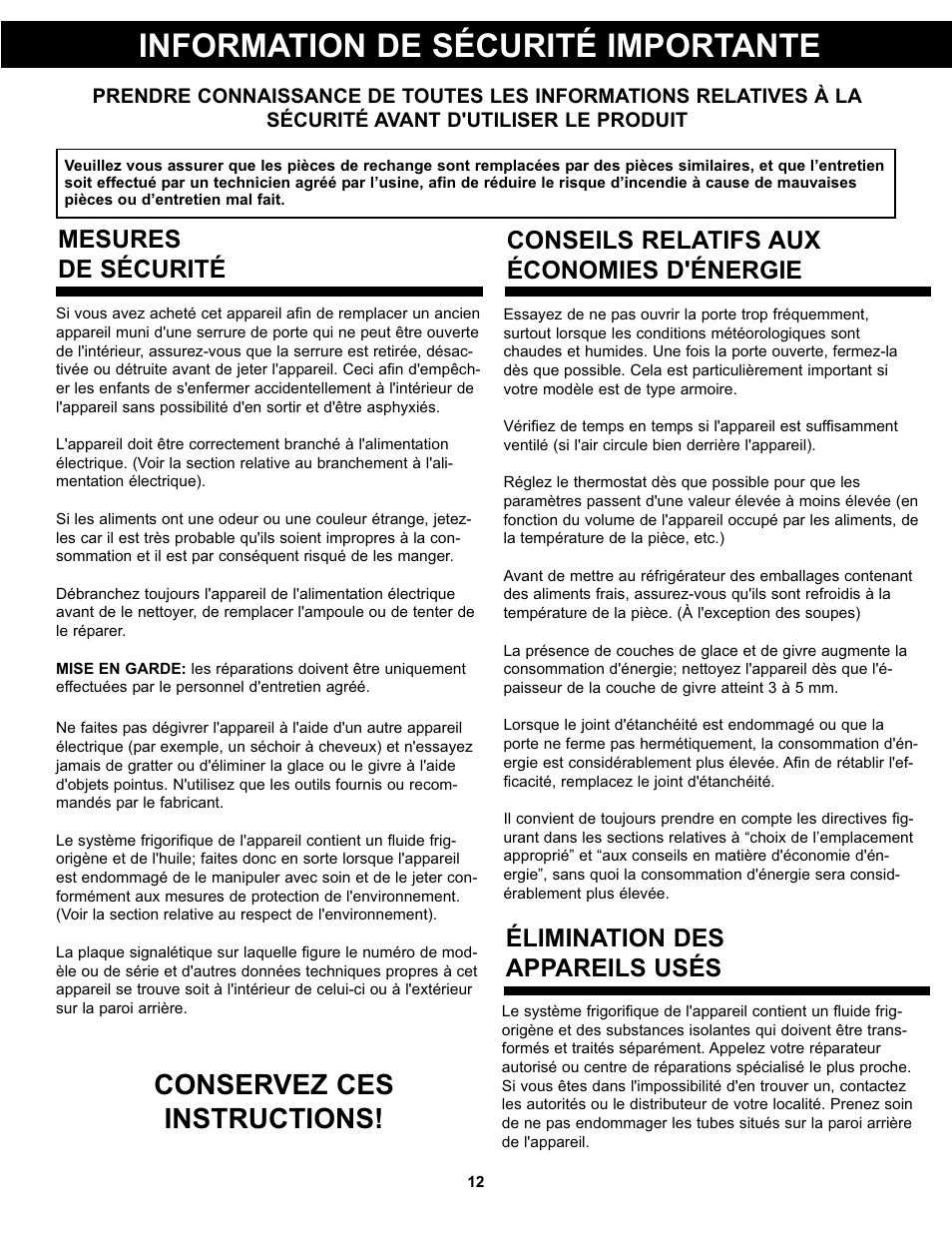 Information de sécurité importante, Conservez ces instructions, Élimination des appareils usés | Mesures de sécurité, Conseils relatifs aux économies d'énergie | Danby DPF074B1WDB User Manual | Page 14 / 33