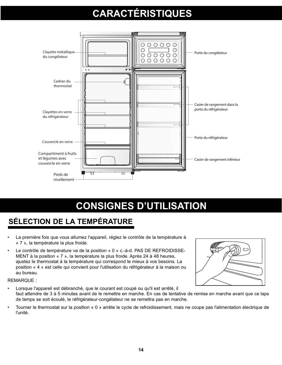 Caractéristiques, Consignes d’utilisation, Sélection de la température | Danby DPF074B1WDB User Manual | Page 16 / 33