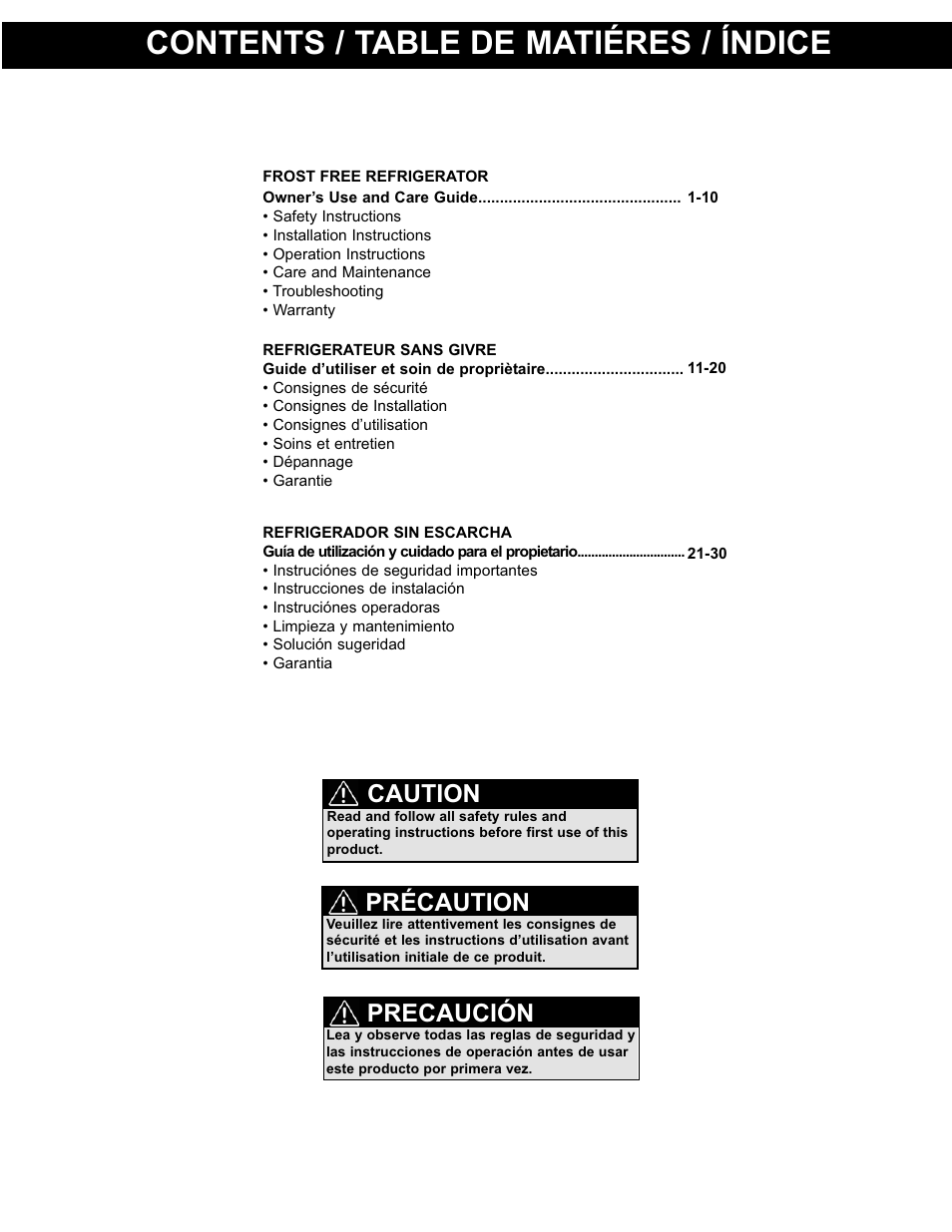 Contents / table de matiéres / índice, Caution, Pré caution | Precaución | Danby DPF074B1WDB User Manual | Page 2 / 33