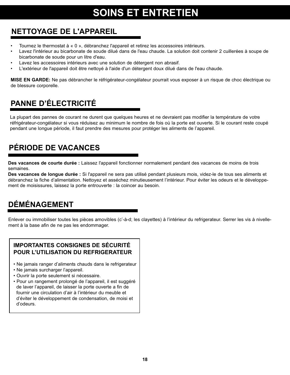 Soins et entretien, Nettoyage de l'appareil, Période de vacances | Panne d’électricité, Déménagement | Danby DPF074B1WDB User Manual | Page 20 / 33