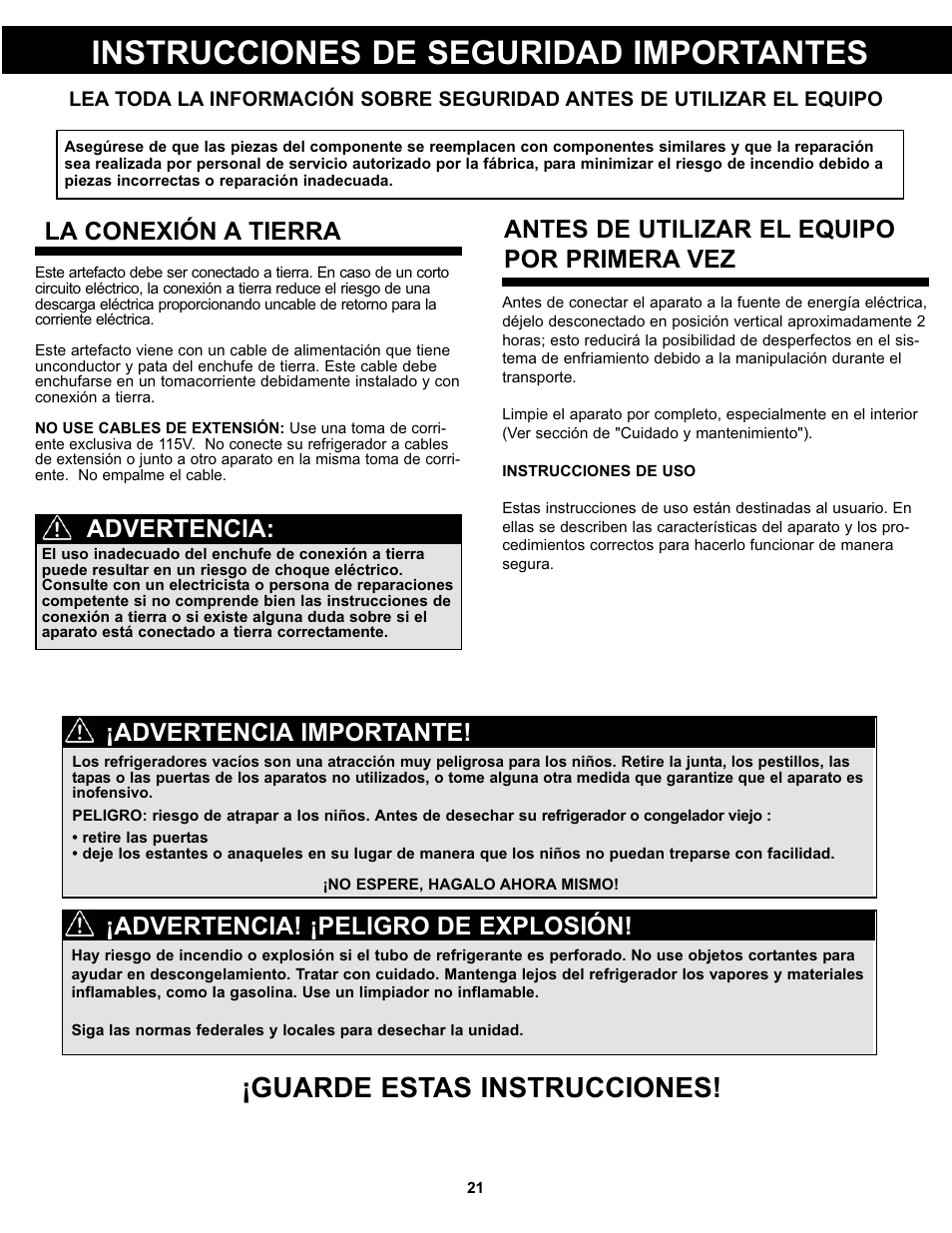 Instrucciones de seguridad importantes, Guarde estas instrucciones, La conexión a tierra | Advertencia! ¡peligro de explosión, Advertencia importante | Danby DPF074B1WDB User Manual | Page 23 / 33