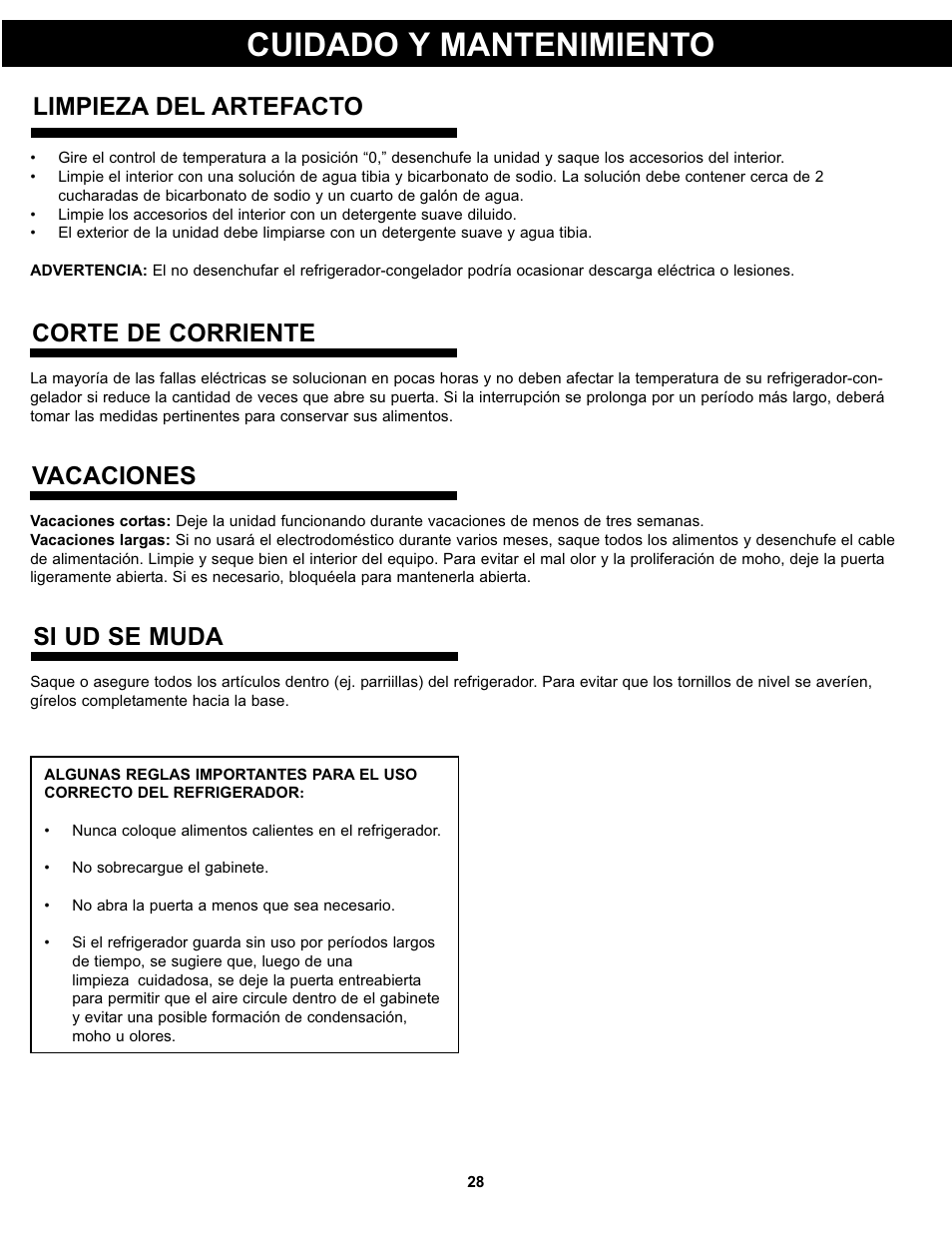 Cuidado y mantenimiento, Limpieza del artefacto, Corte de corriente | Si ud se muda, Vacaciones | Danby DPF074B1WDB User Manual | Page 30 / 33