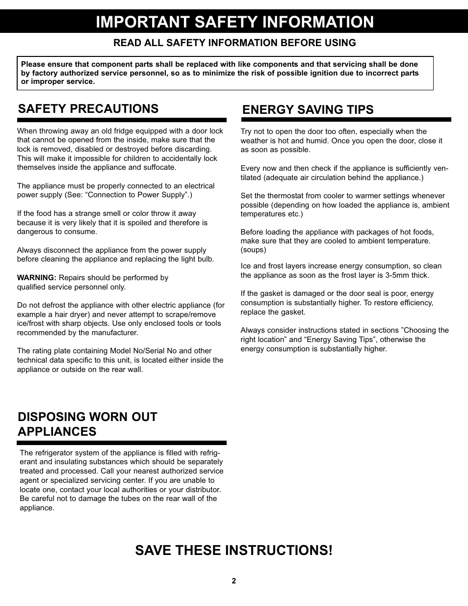 Important safety information, Save these instructions, Disposing worn out appliances | Safety precautions, Energy saving tips | Danby DPF074B1WDB User Manual | Page 4 / 33