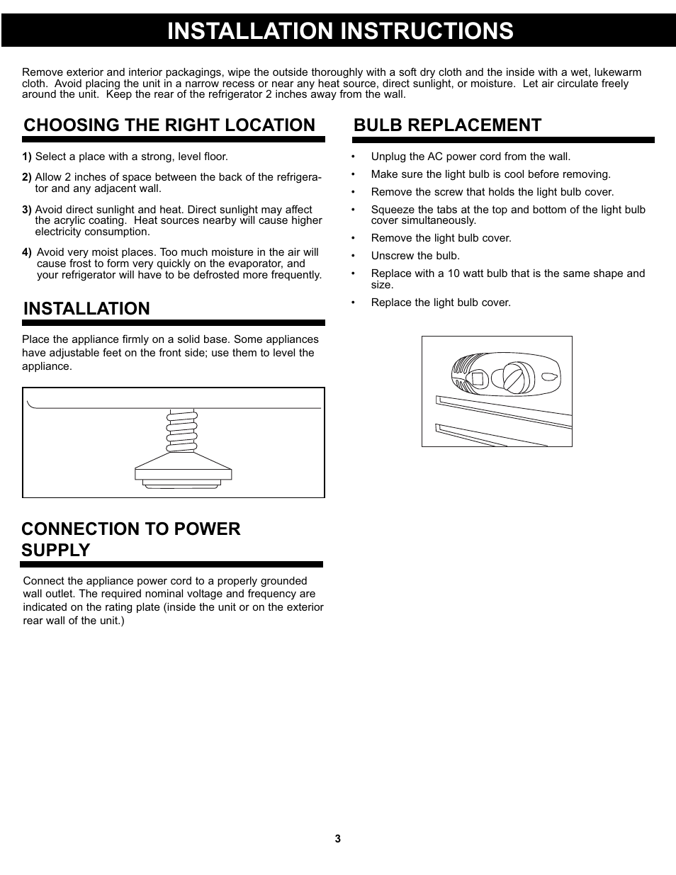 Installation instructions, Choosing the right location installation, Connection to power supply | Bulb replacement | Danby DPF074B1WDB User Manual | Page 5 / 33