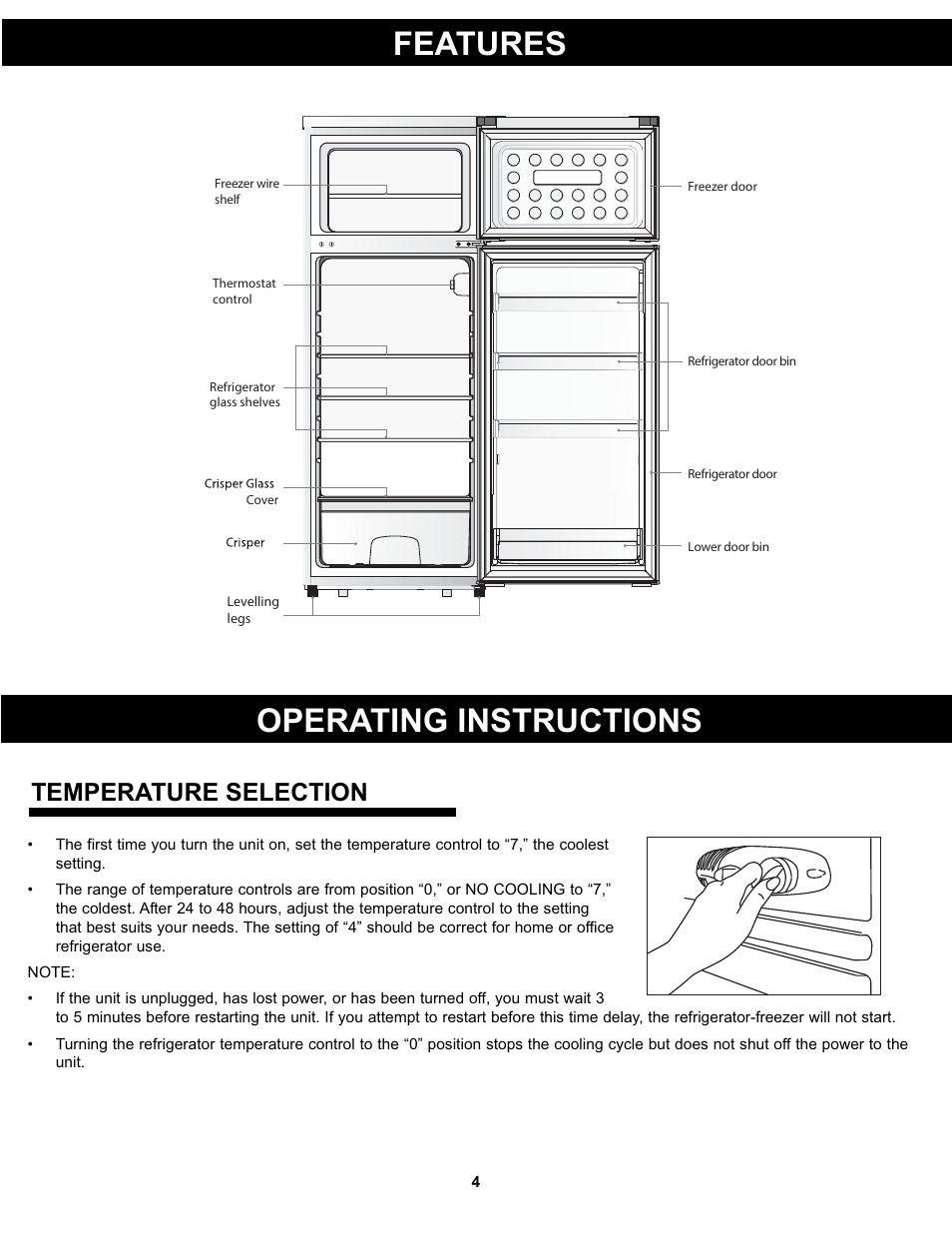 Features, Operating instructions, Temperature selection | Danby DPF074B1WDB User Manual | Page 6 / 33