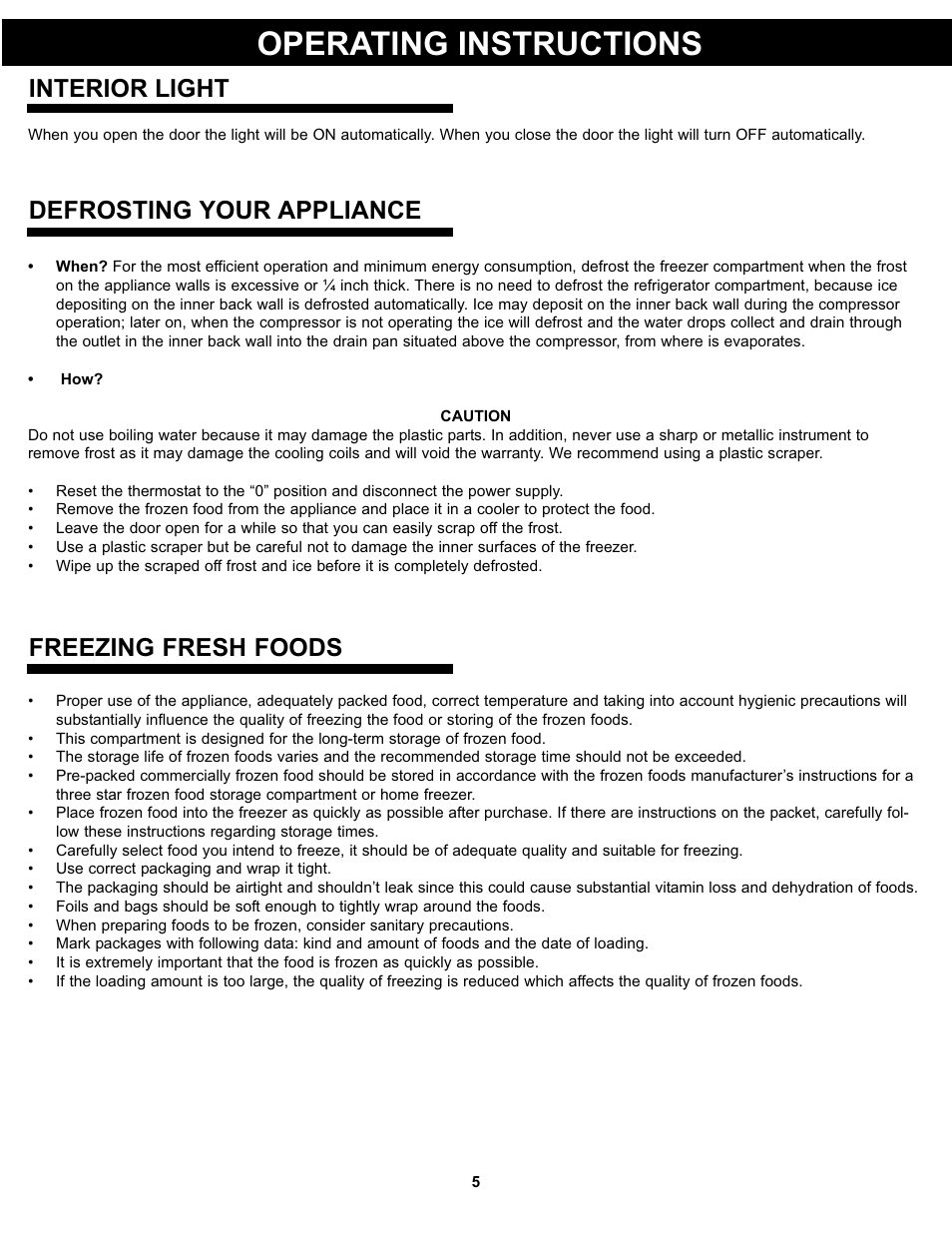 Operating instructions, Interior light, Defrosting your appliance | Freezing fresh foods | Danby DPF074B1WDB User Manual | Page 7 / 33