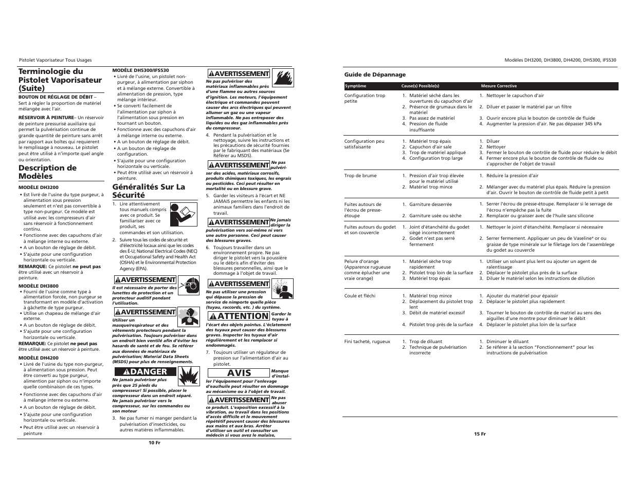 Avis, Attention, Danger | Terminologie du pistolet vaporisateur (suite), Description de modèles, Généralités sur la sécurité | Campbell Hausfeld IFS530  EN User Manual | Page 10 / 12