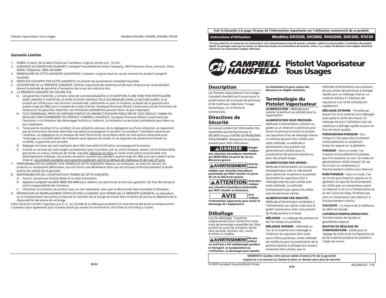 Pistolet vaporisateur tous usages, Avis, Attention | Danger, Directives de sécurité, Déballage, Terminologie du pistolet vaporisateur, Description | Campbell Hausfeld IFS530  EN User Manual | Page 9 / 12