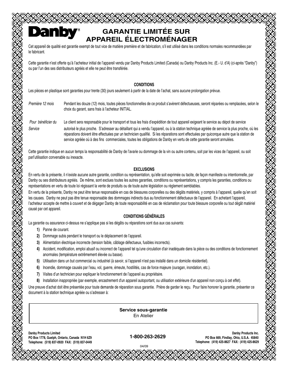 Garantie limitée sur appareil électroménager | Danby DWC172BLPDB User Manual | Page 11 / 17