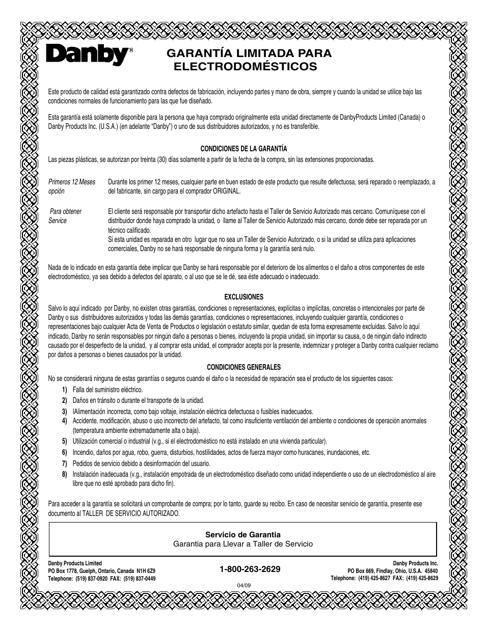 Garantía limitada para electrodomésticos | Danby DWC172BLPDB User Manual | Page 16 / 17