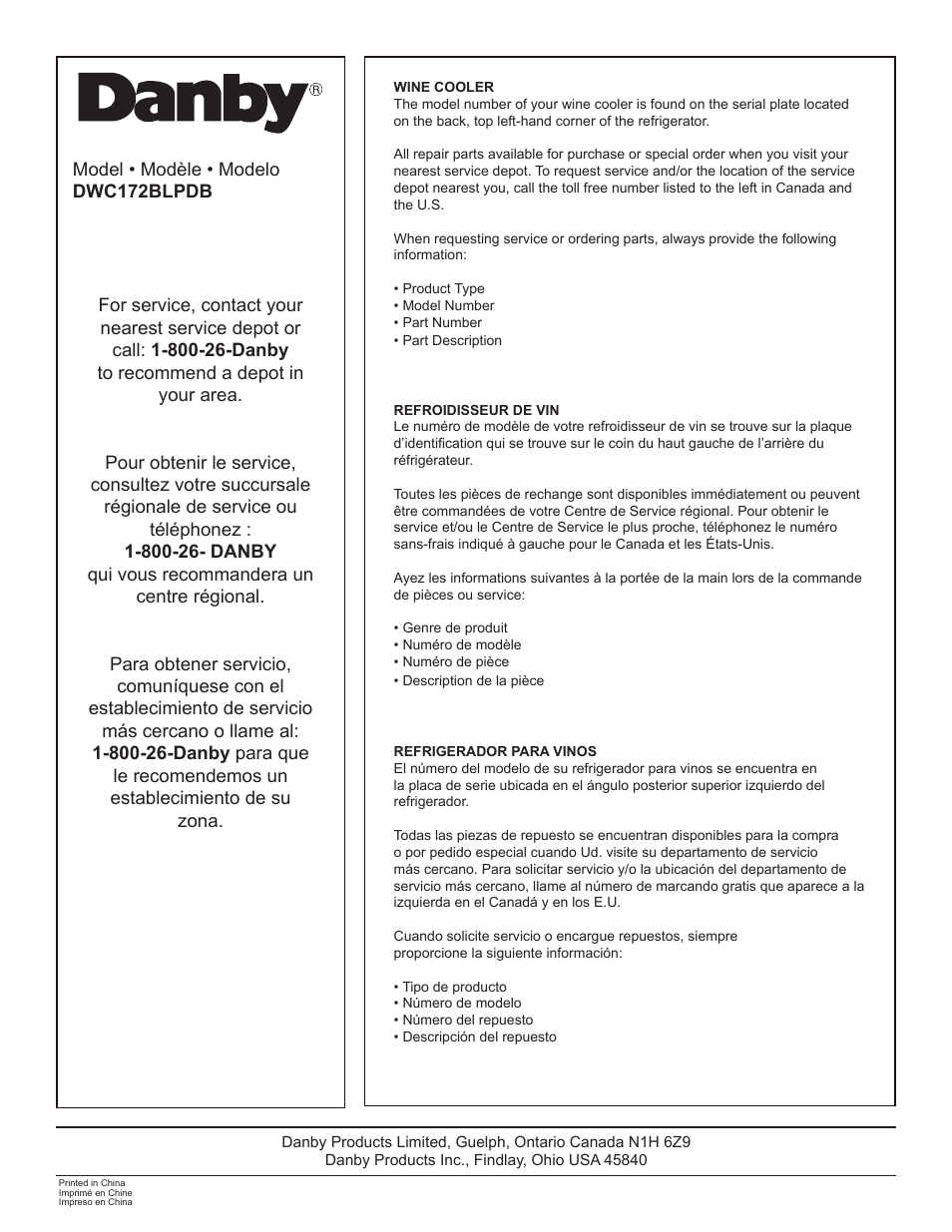 Back 172 | Danby DWC172BLPDB User Manual | Page 17 / 17