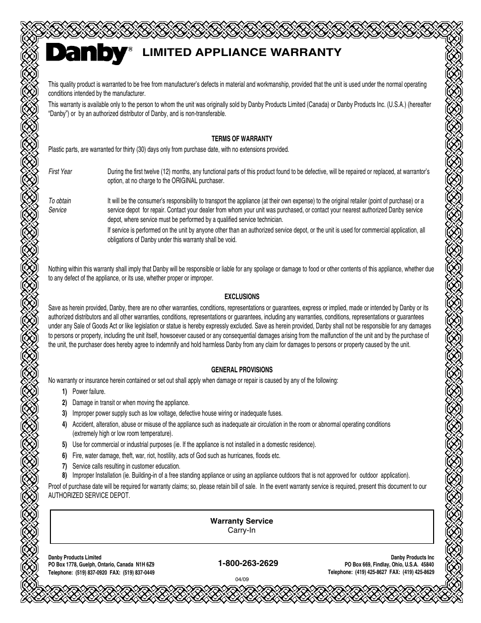 Limited appliance warranty | Danby DWC172BLPDB User Manual | Page 6 / 17