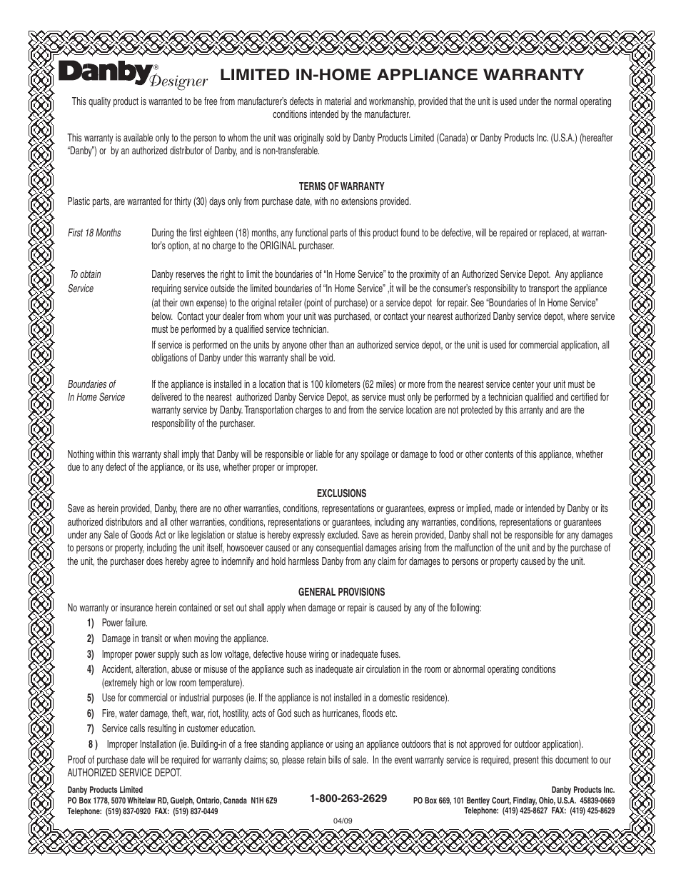 Limited in-home appliance warranty | Danby DWC508BLS User Manual | Page 10 / 29