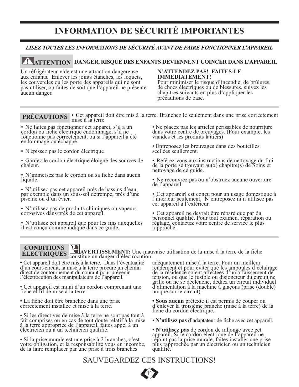 Information de sécurité importantes, Sauvegardez ces instructions | Danby DWC508BLS User Manual | Page 12 / 29