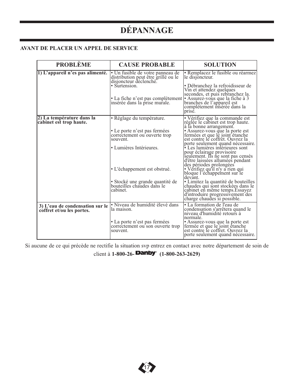 Dépannage | Danby DWC508BLS User Manual | Page 18 / 29