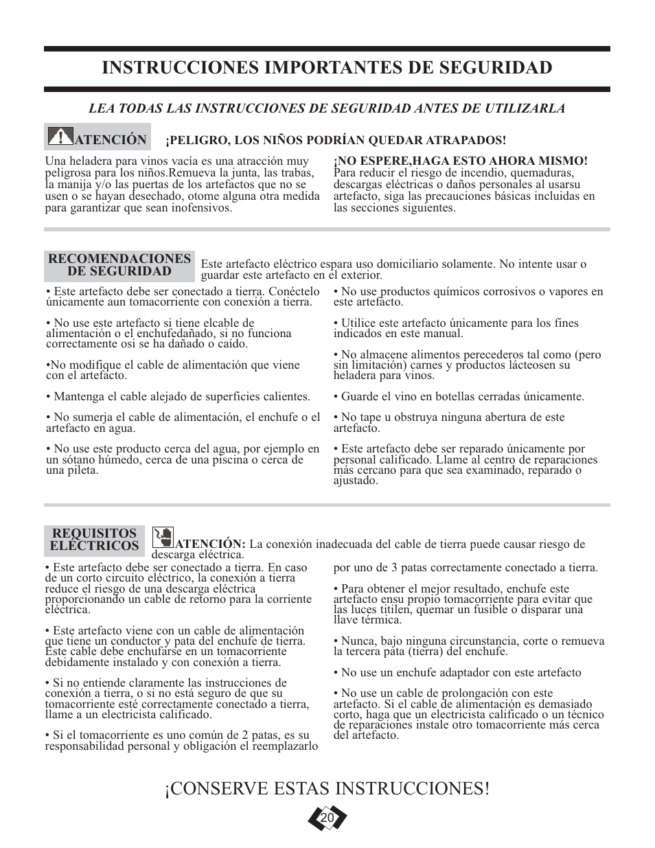 Conserve estas instrucciones, Instrucciones importantes de seguridad | Danby DWC508BLS User Manual | Page 21 / 29