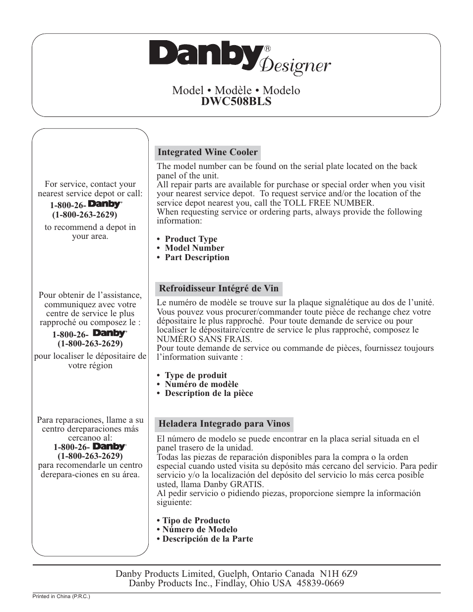 Model • modèle • modelo dwc508bls | Danby DWC508BLS User Manual | Page 29 / 29