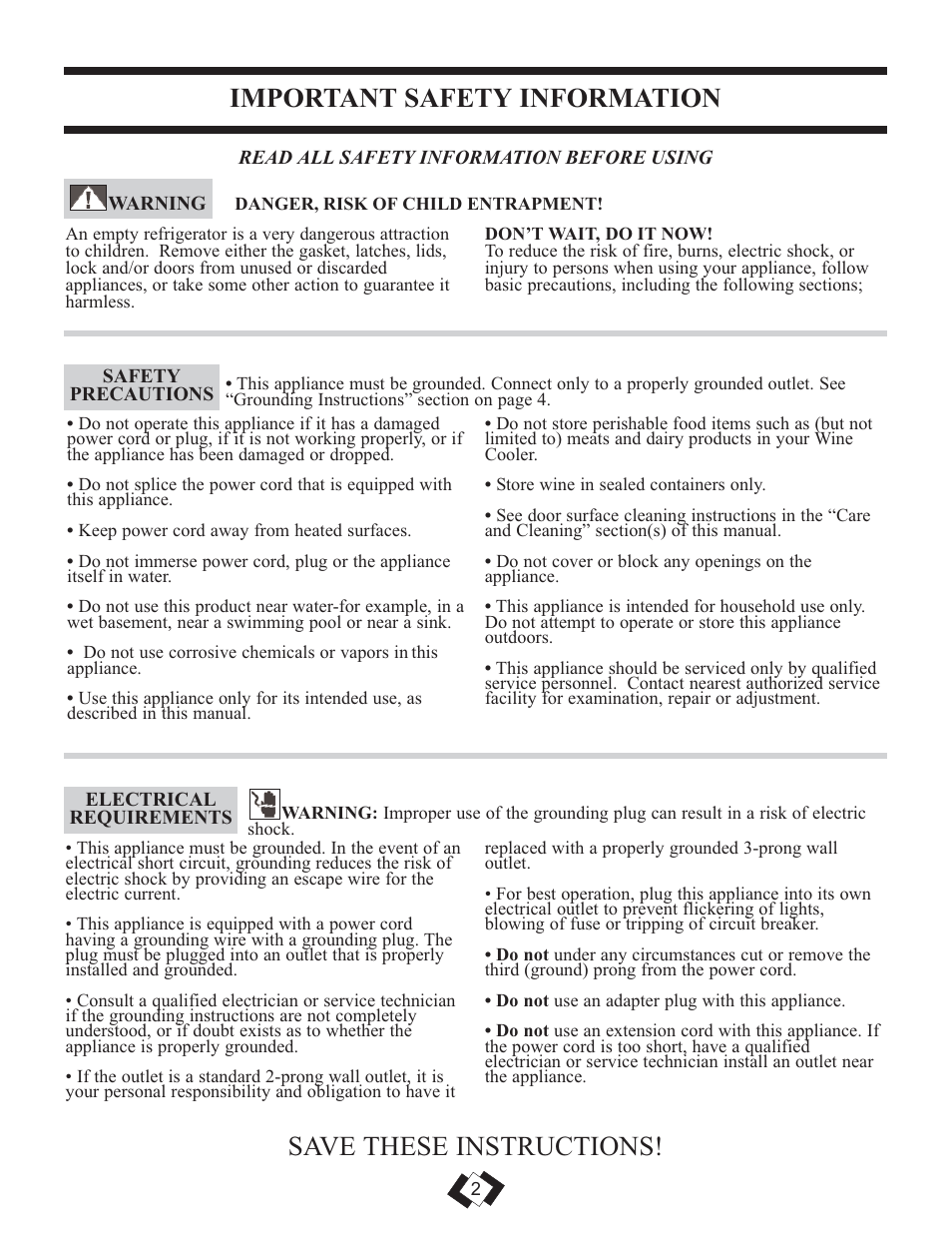 Save these instructions, Important safety information | Danby DWC508BLS User Manual | Page 3 / 29