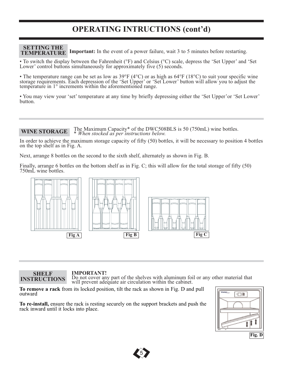 Operating intructions (cont’d) | Danby DWC508BLS User Manual | Page 6 / 29