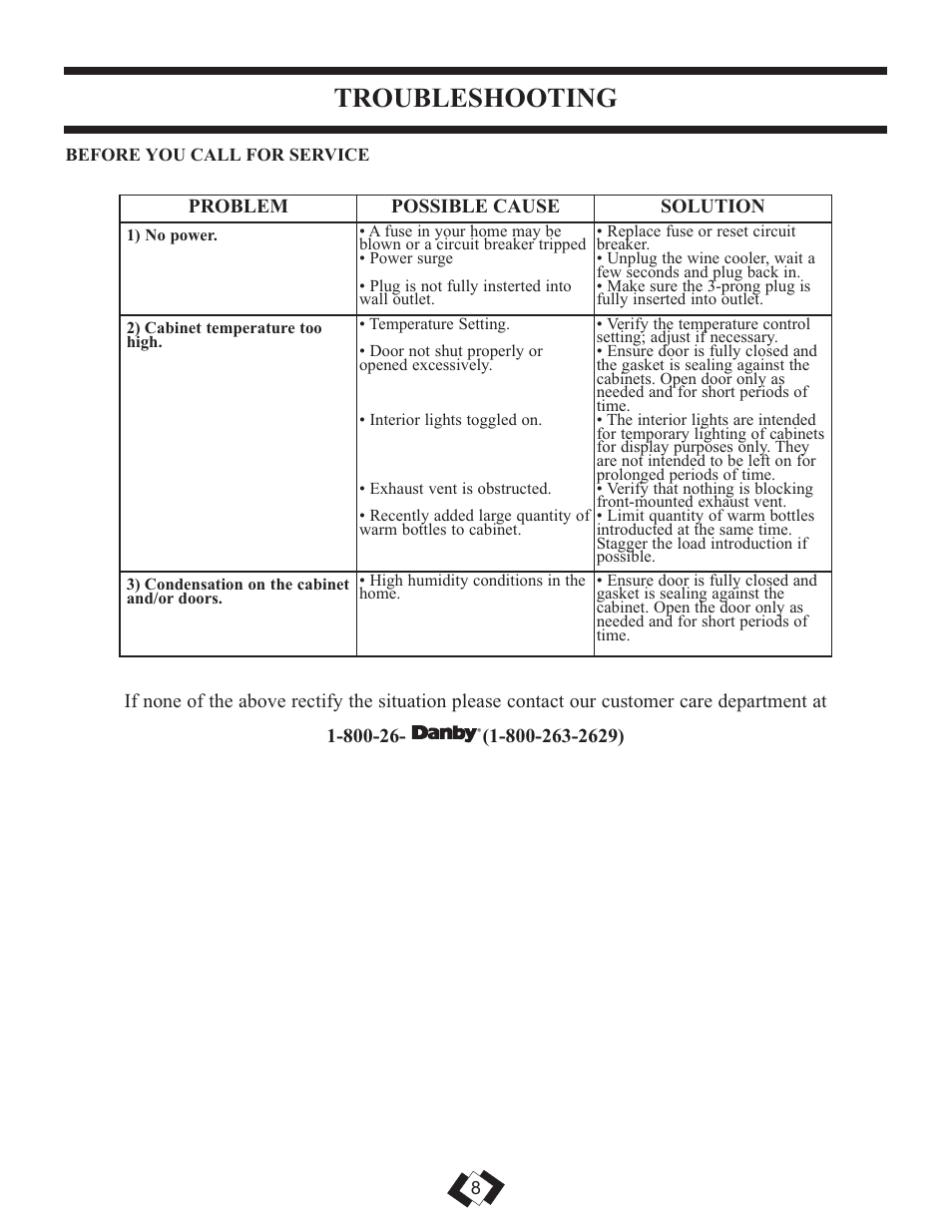 Troubleshooting | Danby DWC508BLS User Manual | Page 9 / 29