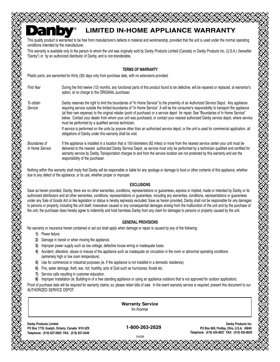 Limited in-home appliance warranty | Danby DWC93BLSDB User Manual | Page 11 / 30