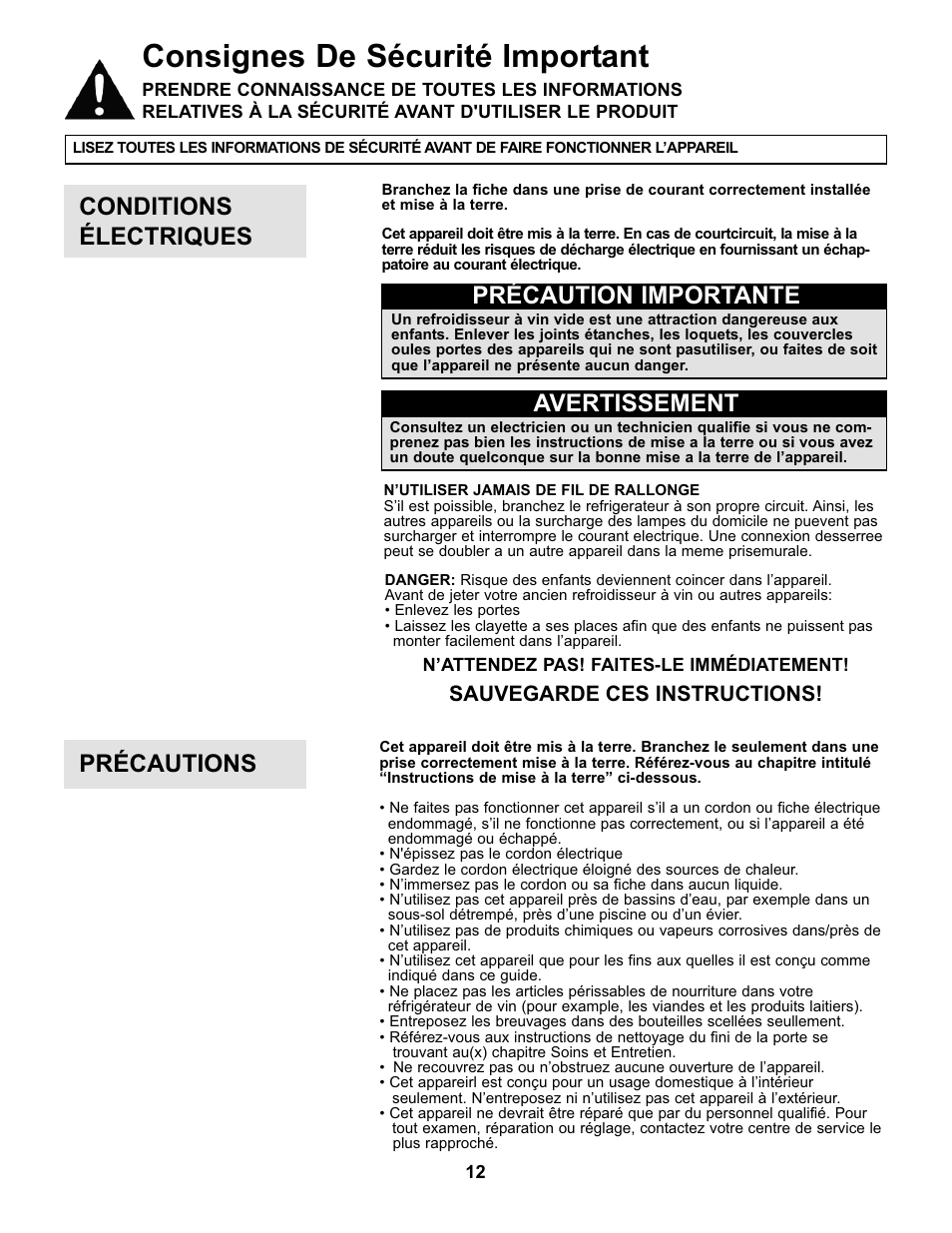 Consignes de sécurité important, Conditions électriques, Précaution importante avertissement | Précautions, Sauvegarde ces instructions | Danby DWC93BLSDB User Manual | Page 13 / 30