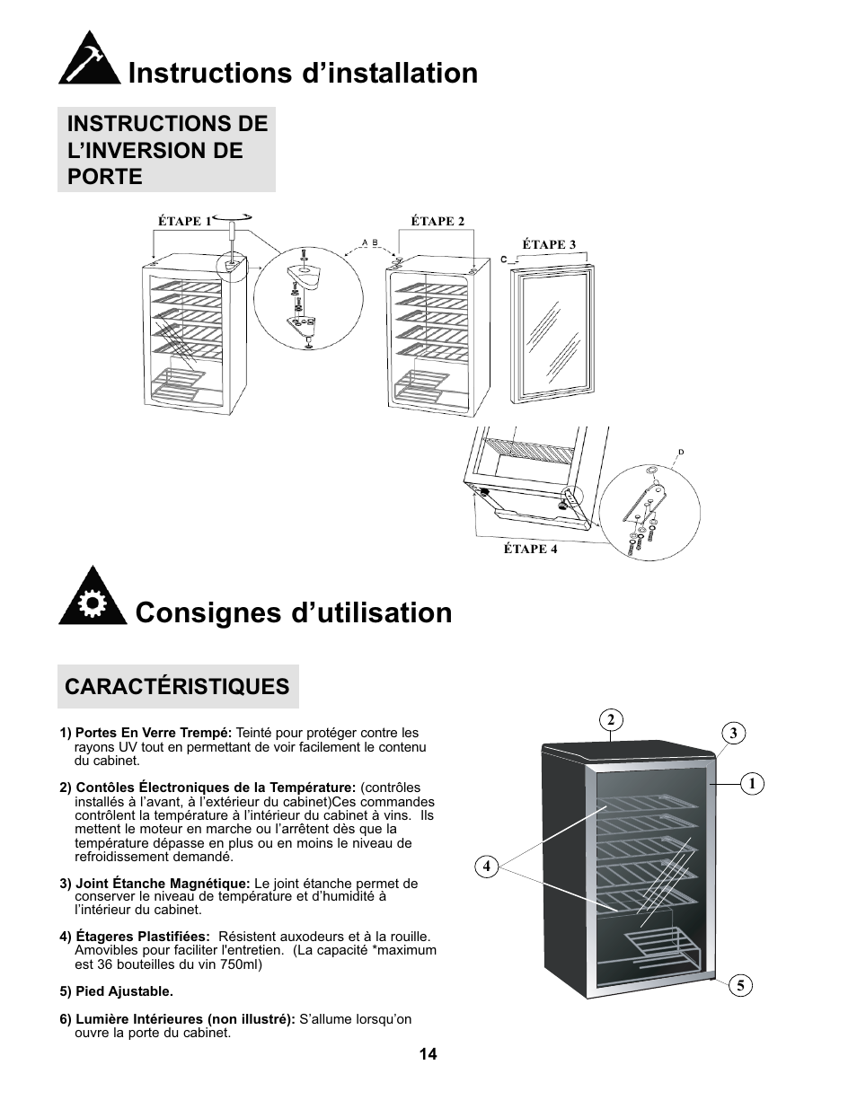 Instructions d’installation, Consignes d’utilisation, Instructions de l’inversion de porte | Caractéristiques | Danby DWC93BLSDB User Manual | Page 15 / 30