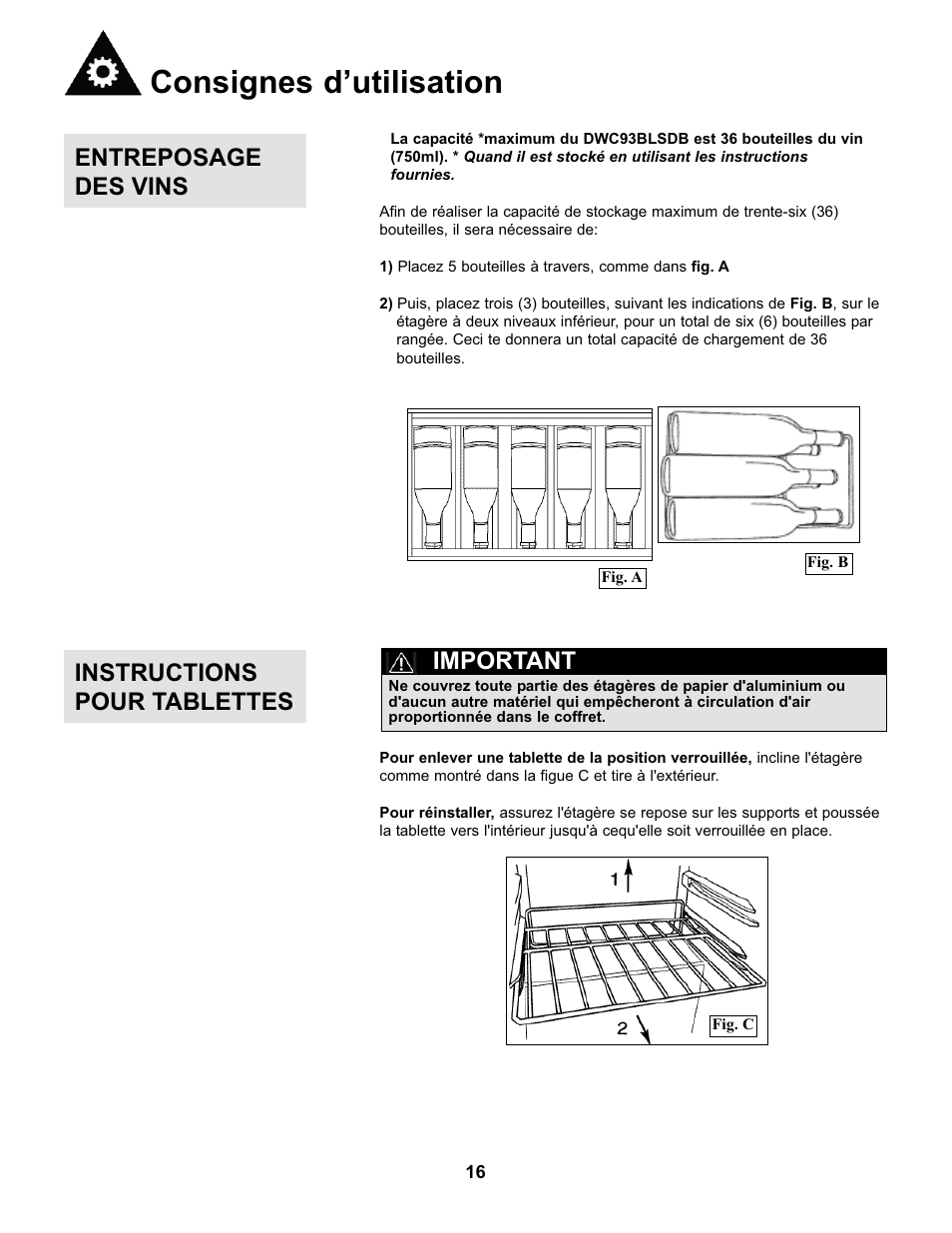 Consignes d’utilisation, Entreposage des vins, Instructions pour tablettes | Important | Danby DWC93BLSDB User Manual | Page 17 / 30