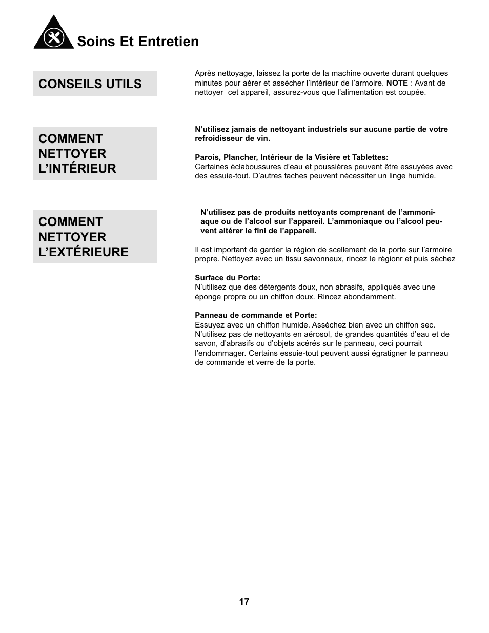 Soins et entretien, Conseils utils, Comment nettoyer l’intérieur | Comment nettoyer l’extérieure | Danby DWC93BLSDB User Manual | Page 18 / 30