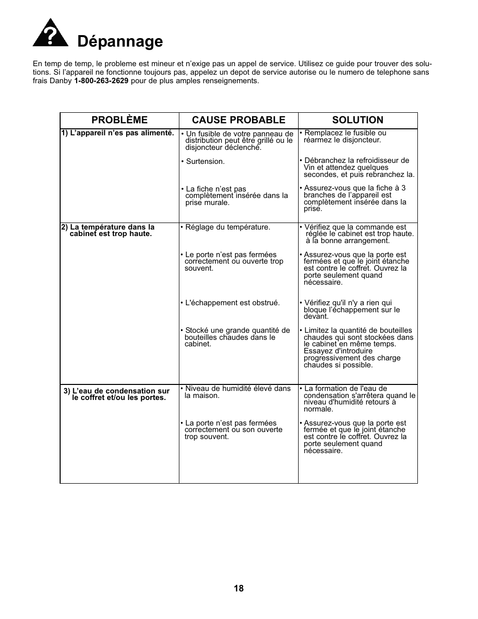 Dépannage, Problème cause probable solution | Danby DWC93BLSDB User Manual | Page 19 / 30