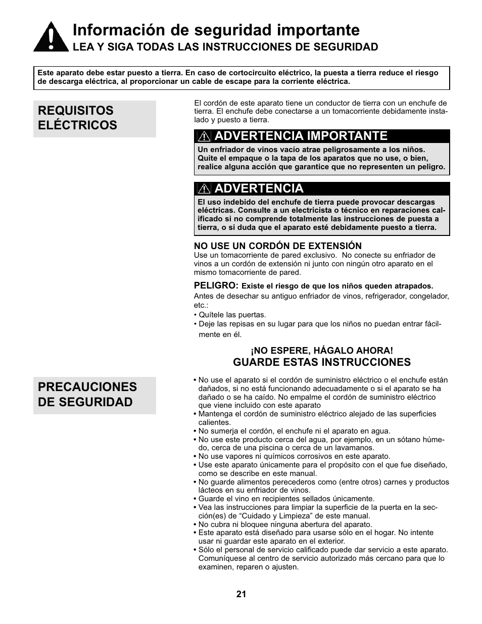 Información de seguridad importante, Precauciones de seguridad requisitos eléctricos, Advertencia importante | Advertencia, Lea y siga todas las instrucciones de seguridad, Guarde estas instrucciones | Danby DWC93BLSDB User Manual | Page 22 / 30