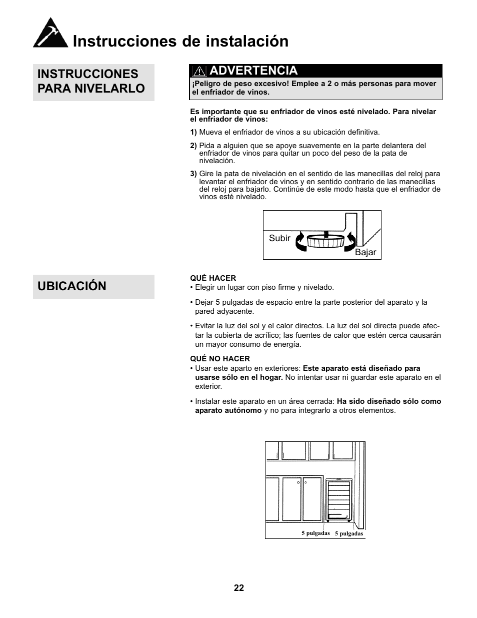 Instrucciones de instalación, Ubicación instrucciones para nivelarlo, Advertencia | Danby DWC93BLSDB User Manual | Page 23 / 30