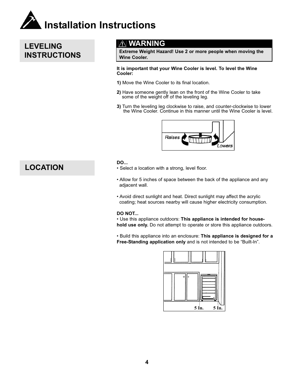 Installation instructions, Leveling instructions, Warning | Location | Danby DWC93BLSDB User Manual | Page 5 / 30