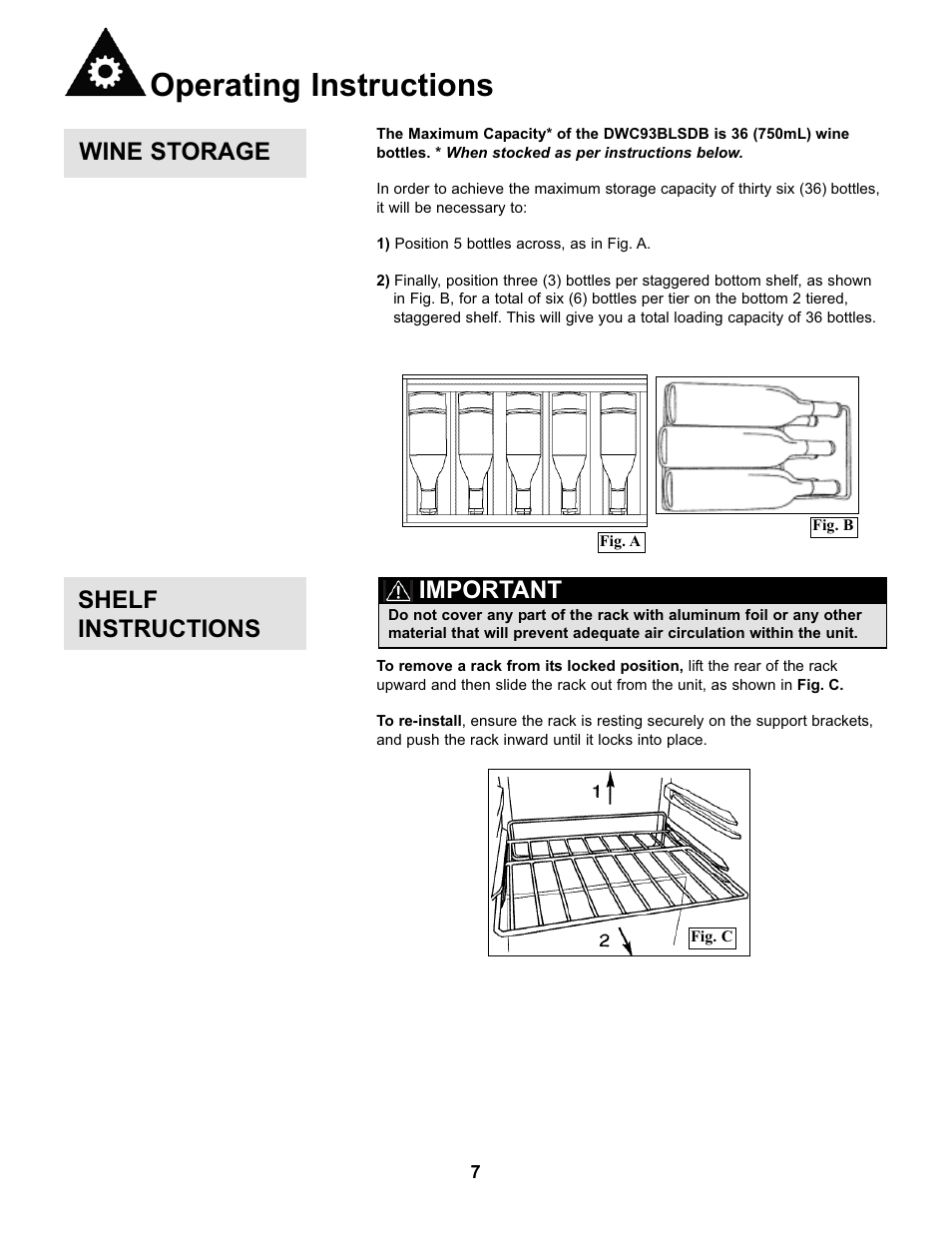 Operating instructions, Wine storage, Important | Shelf instructions | Danby DWC93BLSDB User Manual | Page 8 / 30