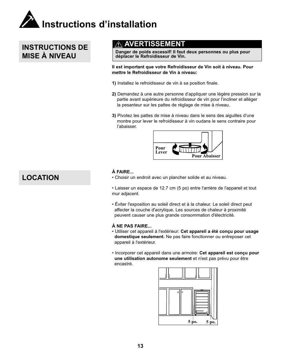 Instructions d’installation, Instructions de mise à niveau, Avertissement | Location | Danby DWC93BLSDBR1 User Manual | Page 14 / 30