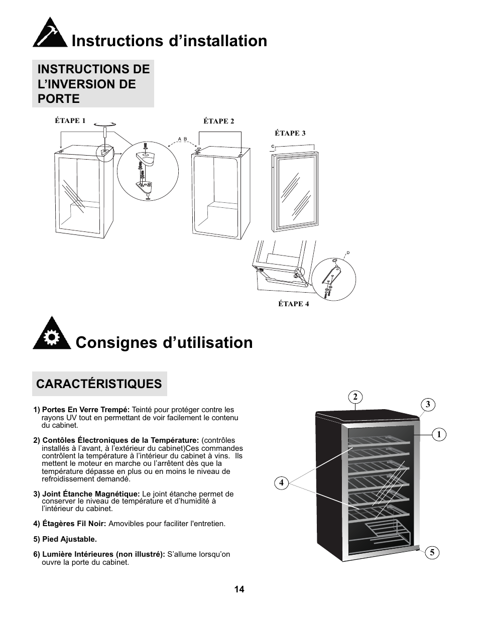 Instructions d’installation, Consignes d’utilisation, Instructions de l’inversion de porte | Caractéristiques | Danby DWC93BLSDBR1 User Manual | Page 15 / 30