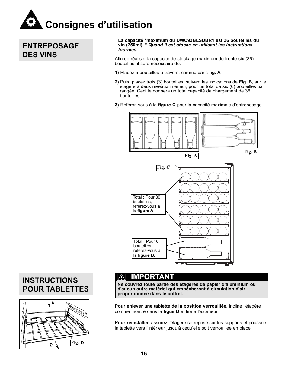 Consignes d’utilisation, Entreposage des vins, Instructions pour tablettes | Important | Danby DWC93BLSDBR1 User Manual | Page 17 / 30