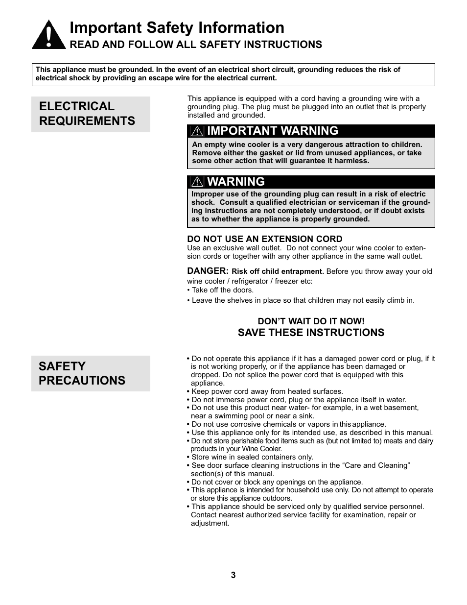 Important safety information, Electrical requirements, Important warning warning | Safety precautions, Read and follow all safety instructions, Save these instructions | Danby DWC93BLSDBR1 User Manual | Page 4 / 30