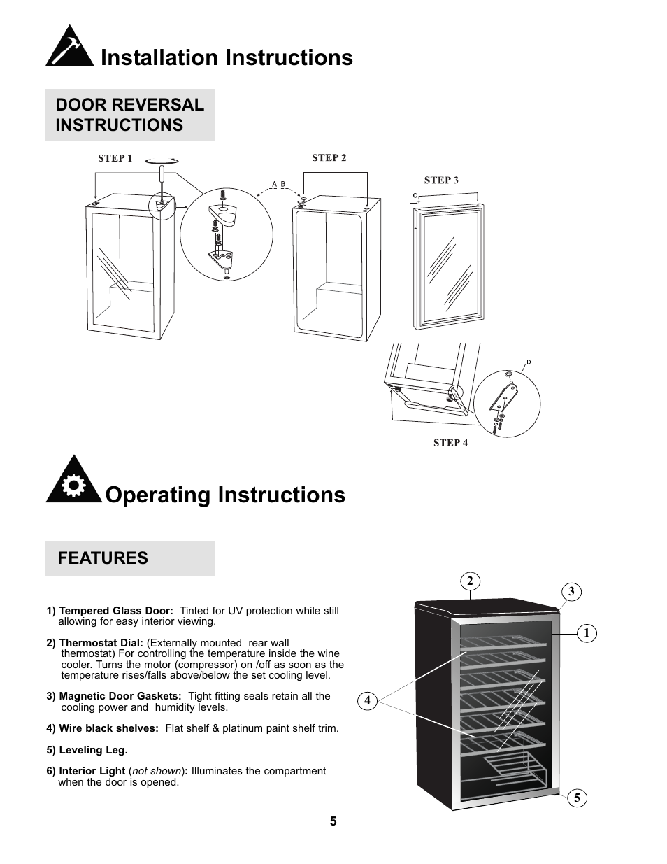 Operating instructions, Installation instructions, Features | Door reversal instructions | Danby DWC93BLSDBR1 User Manual | Page 6 / 30